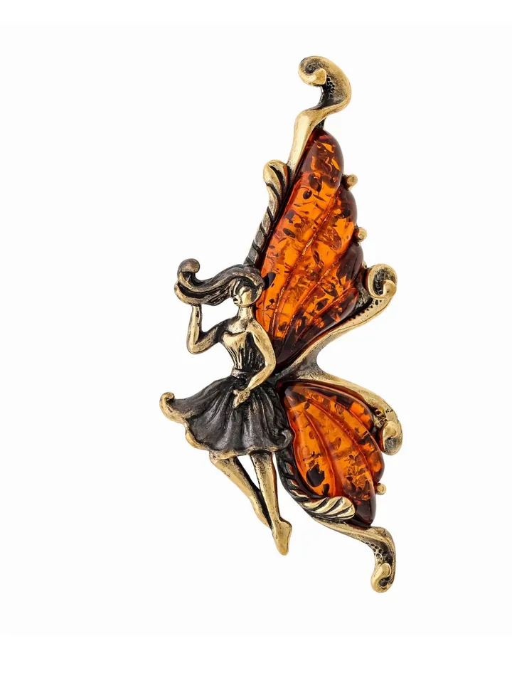 Fairy Butterfly Brooch Jewelry Gift For Women Girlfriend Christmas Birthday Gift girl Fairytale Jewelry Figure Brooch For Her Gold brass with black dark orange amber