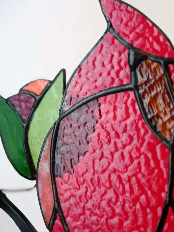 Red Cardinals. Stained Glass Composition on Metal, Red Cardinals Stained Glass Art, Tiffany Technique Cardinal Ornament, Handcrafted Stained Glass Birds on Metal, Red Birds Stained Glass Suncatcher, Handmade Glass Cardinal Wall Decor, Tiffany-Style