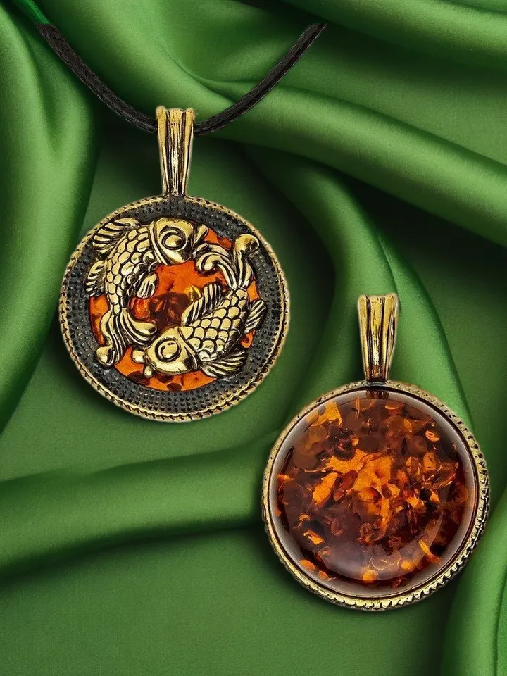 Pisces necklace Pisces gift zodiac sign pendant fish amber jewelry gold brass Fish Amulet round pendant medallion