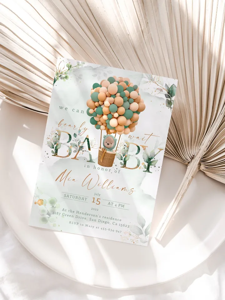 Teddy Bear Hot Air Balloon Baby Shower; We can bearly wait; Editable Teddy Bear Ballons Baby Shower; Neutral Gender Baby Shower Invitation