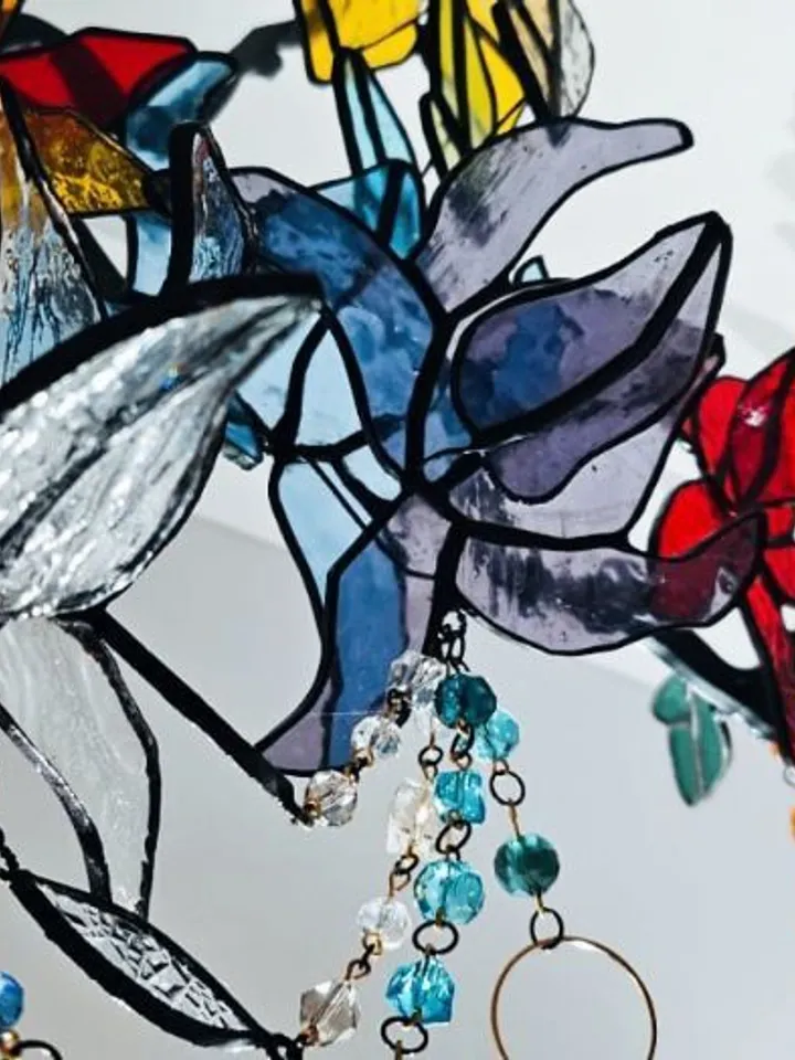 Large 3D Stained Glass Branch with Beaded Garlands, Large 3D Branch with Glass Bead Garlands, Large 3D Stained Glass Branch with Beaded Garlands, Artistic Glass Flower Stem with Beads, Fantasy-Inspired 3D Floral Glass Sculpture, Handcrafted Stained Glass