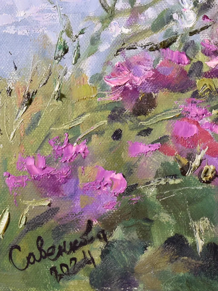 Wildflowers Painting Blooming Field Landscape Purple Flowers