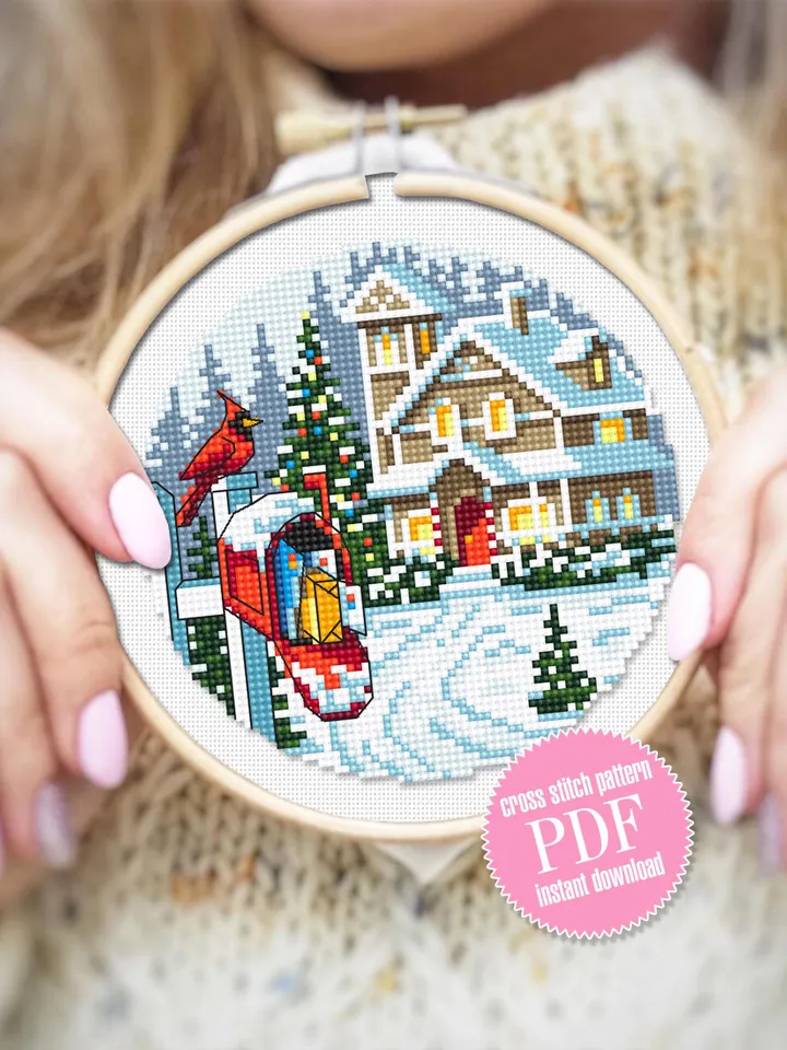 Christmas mailbox cross stitch pattern PDF download Winter landscape cross stitch, Merry Christmas pattern digital PDF Christmas house #N172