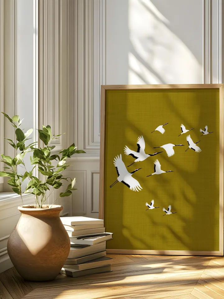 Olive Green Cranes Wall Art Digital Print Japanese Style Gold Accent Bird Poster Maximalist Decor Eclectic living Room Artwork Gift poster