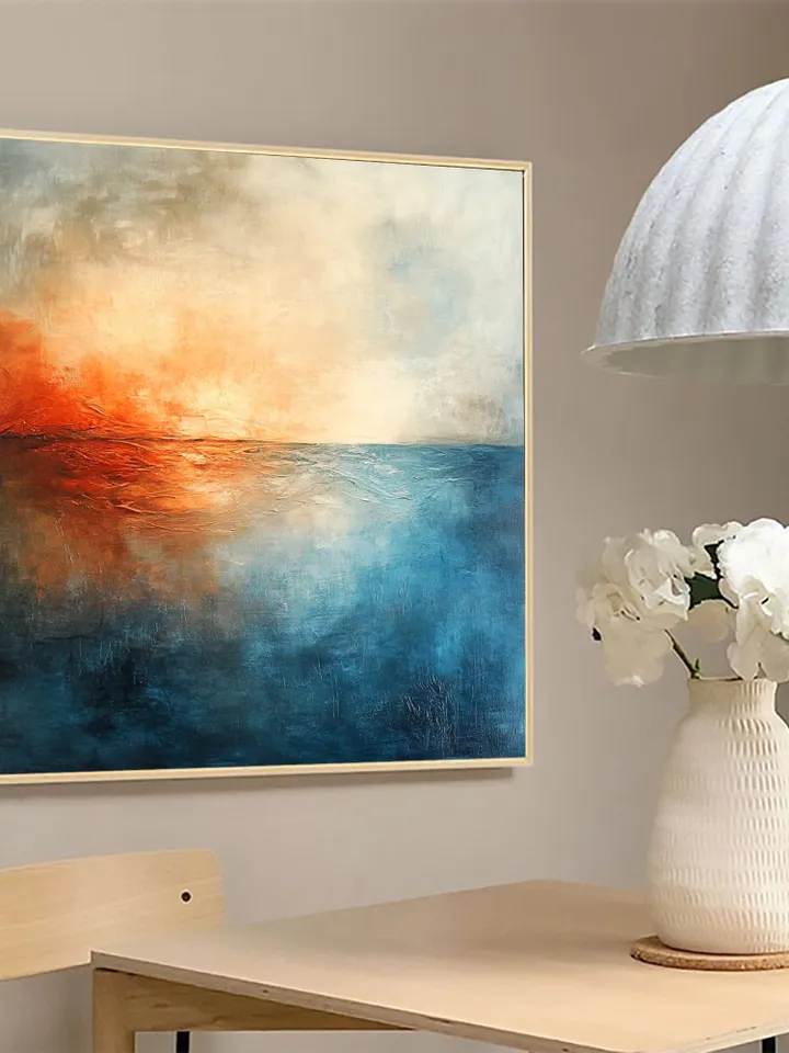 Hand-Painted Abstract Oil Painting | Modern Ocean Sunset Wall Art | Vibrant Orange and Blue Canvas Decor for Living Room and Office