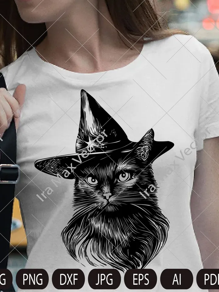 Black Cat with Witch Hat Svg, Cute Black Cat Svg, Halloween Black Cat Svg, Witch Black Cat Svg, Cat with Halloween Hat Svg