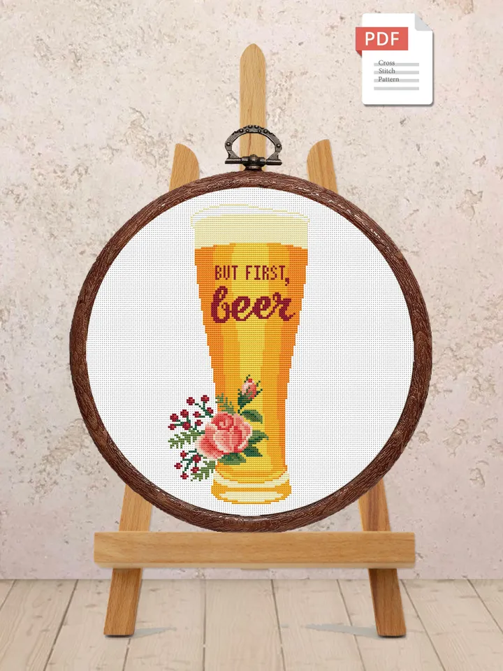 Set of 2 But First Beer Cross Stitch Pattern, Kitchen Cross Stitch, Embroidery Beer, But First Wine Pattern, Modern Cross Stitch #kt008