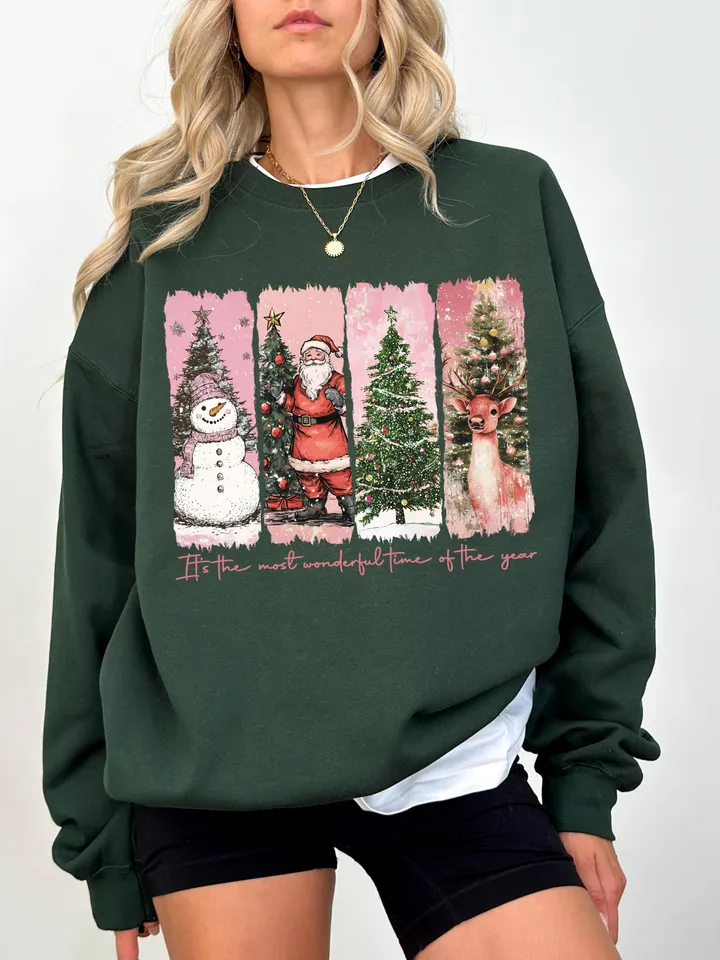 Pink It's the most wonderful time of the year png, Santa Claus png, Vintage Christmas png, Christmas Coquette bow png, Reindeer snowman png