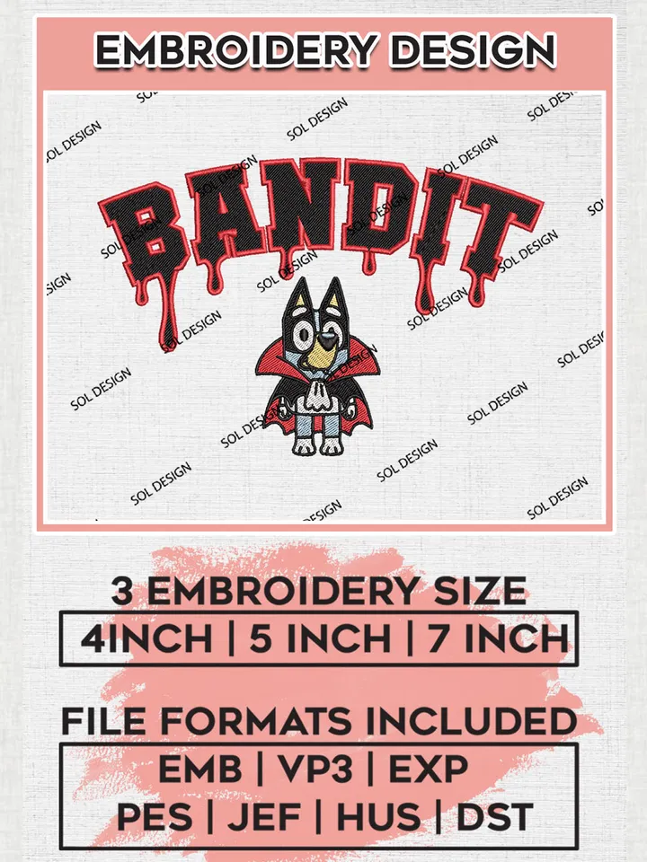 Halloween Bandit Heeler Dracular Costume Drop Blood Name Embroidery designs, Hapy Halloween Machine embroidery designs, Bluey Character embroidery files, Trick Or Treat Machine Embroidery Digitized Pes Files, Digital Download