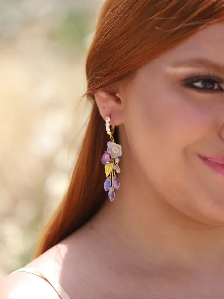 Gold Purple Opal Boho Wedding Earrings, Swarovski Crystal Leaf Bridal Earrings, Floral Statement Wedding Jewelry, Flower Boho Bridal Earring