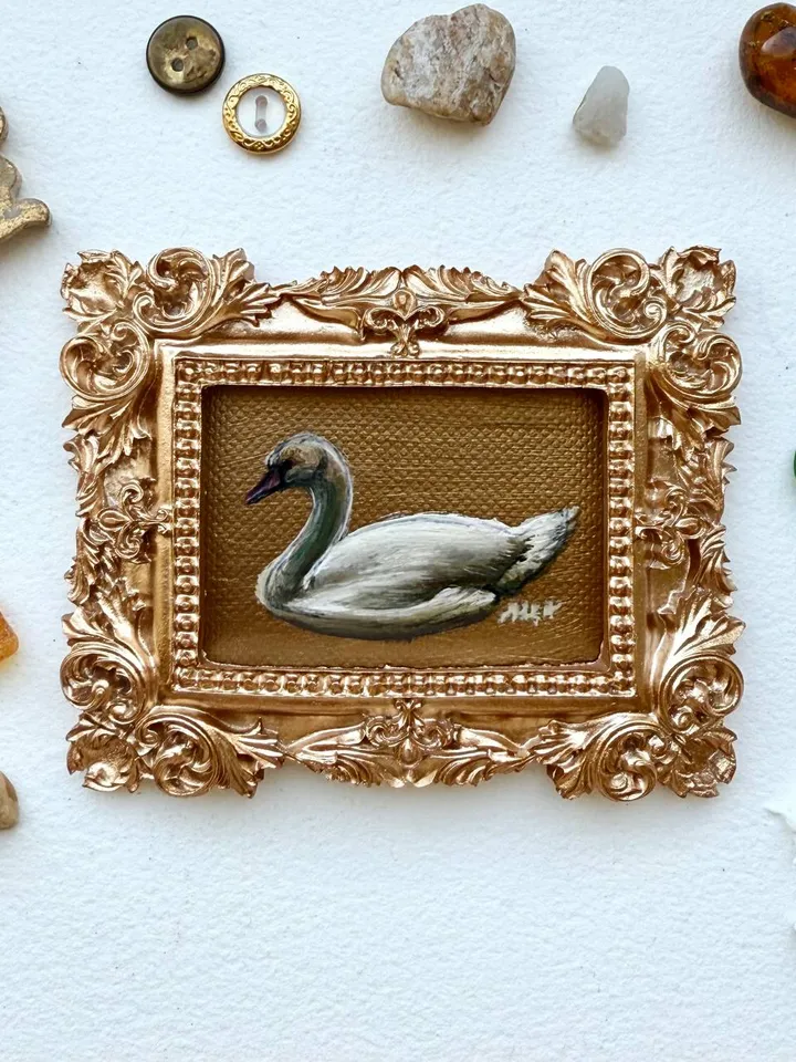 Framed Swan Oil Painting Original White Swan Art Bird Painting Gold Frame Dark Academia