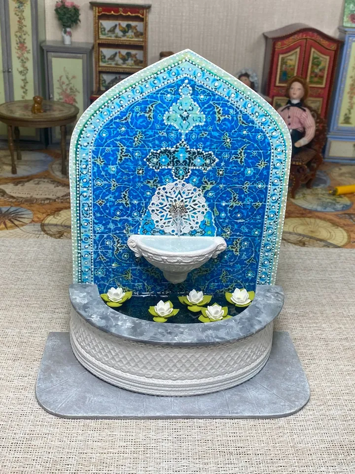 Wall fountain with lotuses. Dollhouse miniature. 1:12.
