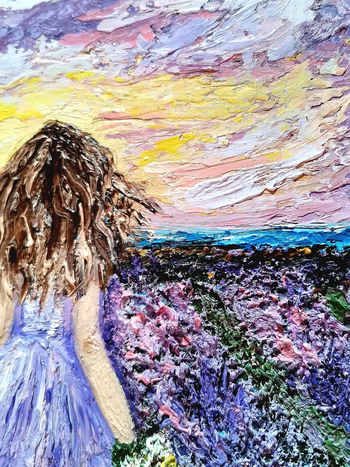 Oil painting with lavender, Provence, 15x20 cm, (5,906 x 7,87 inches),3D, impasto