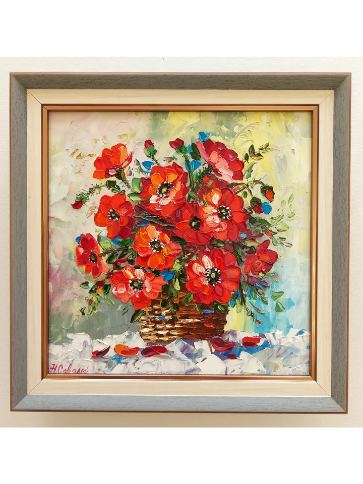 Original Oil Painting Poppies Bright Bouquet of Flowers 8" by 8" (20х20sm ) by OilPaintingNatali