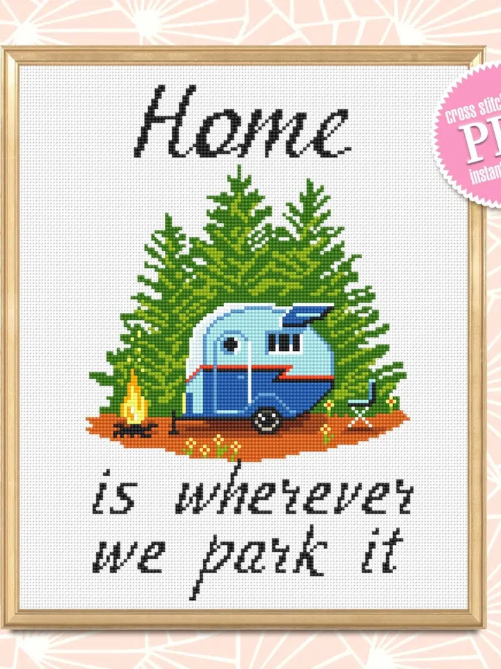 Camping cross stitch pattern PDF download Home is wherever we park it, Travel cross stitch chart, Camping pattern digital PDF #Q63