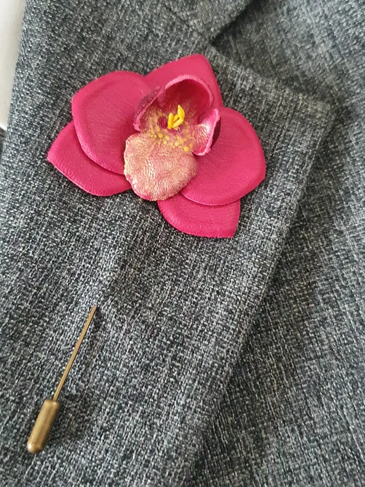 Burgundy orchid men's lapel pin Leather boutonniere for him 3rd anniversary gift, art.54