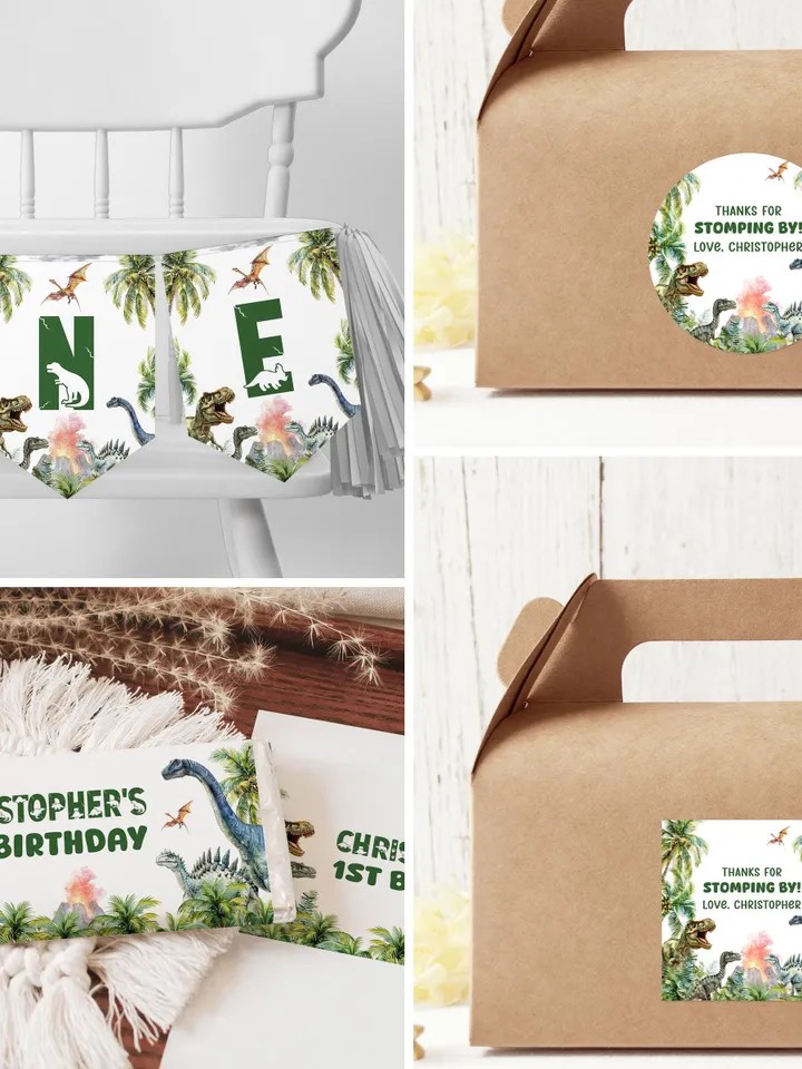 Dinosaur 1st Birthday Invitation Bundle, Dinosaur Birthday Invite, 1st Birthday Boy, Dino Party Decorations Printable, Dino Birthday - i100