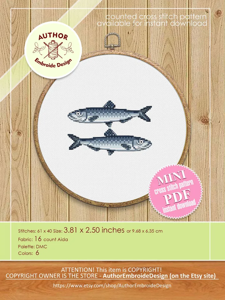Sardines cross stitch pattern PDF download Mini fish cross stitch chart, Sardine pattern digital PDF for beginners, Funny kitchen decor #F29