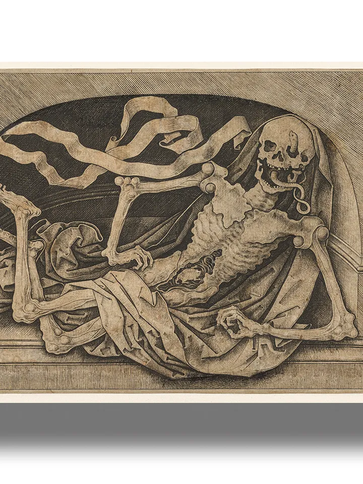 The frightening art of death: a skeleton in the crypt.