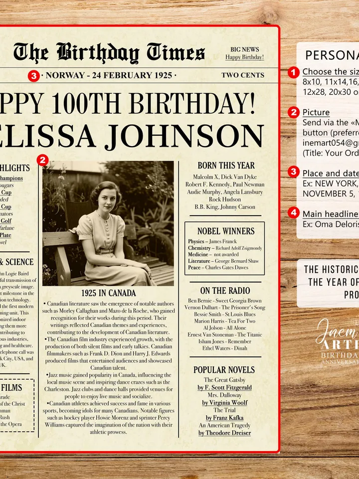 1925 birthday newspaper 100th printable poster canada 100th birthday gift for grandma 100th birthday party decorations canadian fun facts