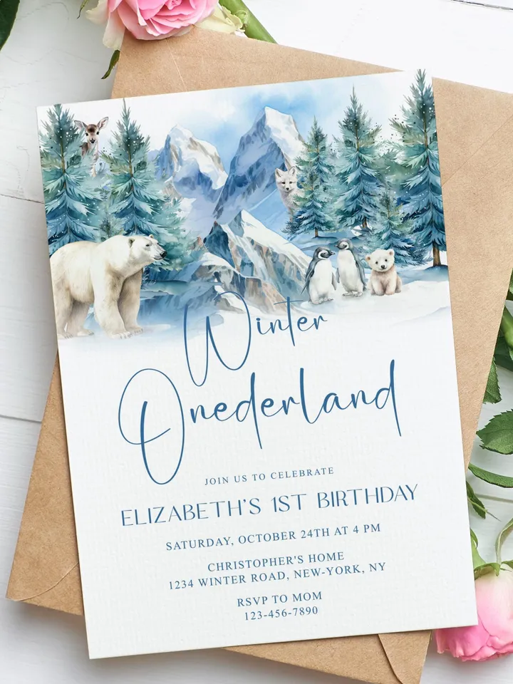 Winter Onederland 1st Birthday Invitation, Snow Woodland 1st Birthday Invite, Winter Onederland, Printable 1st Birthday Invitation - i131