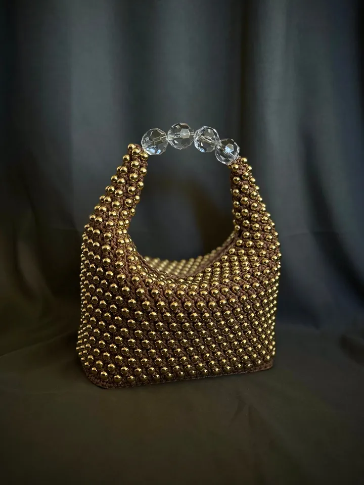 Womens crochet handbag with gold beads, luxury gold bag, vegan crossbody, top handle, small purse, gift for mother, shoulder bag