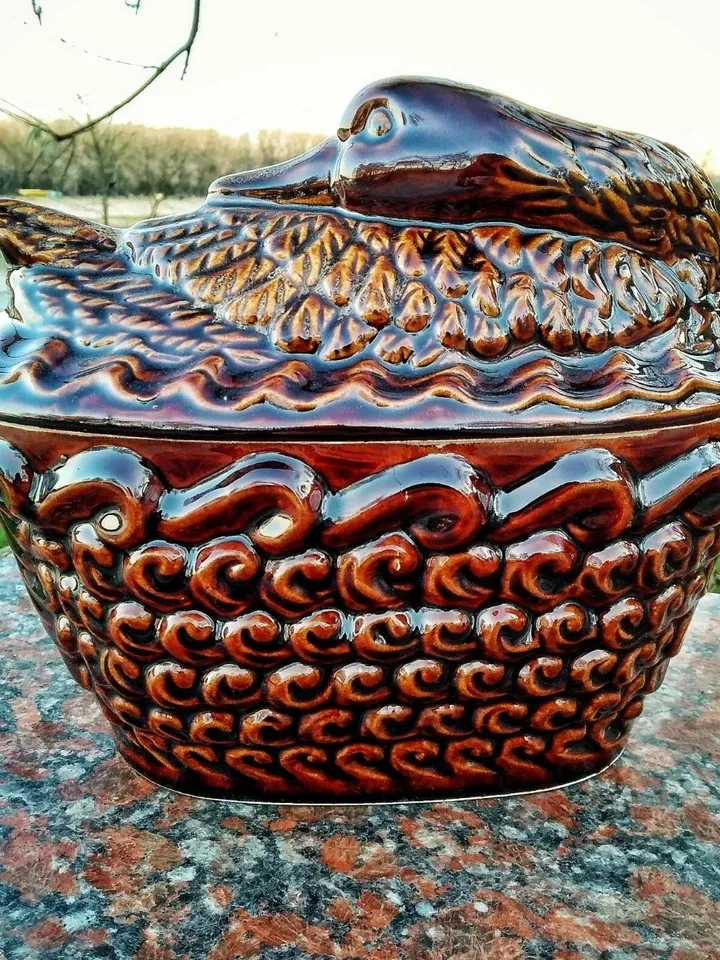 Ceramic pottery casserole Casserole with lid and handles carved pattern Handmade