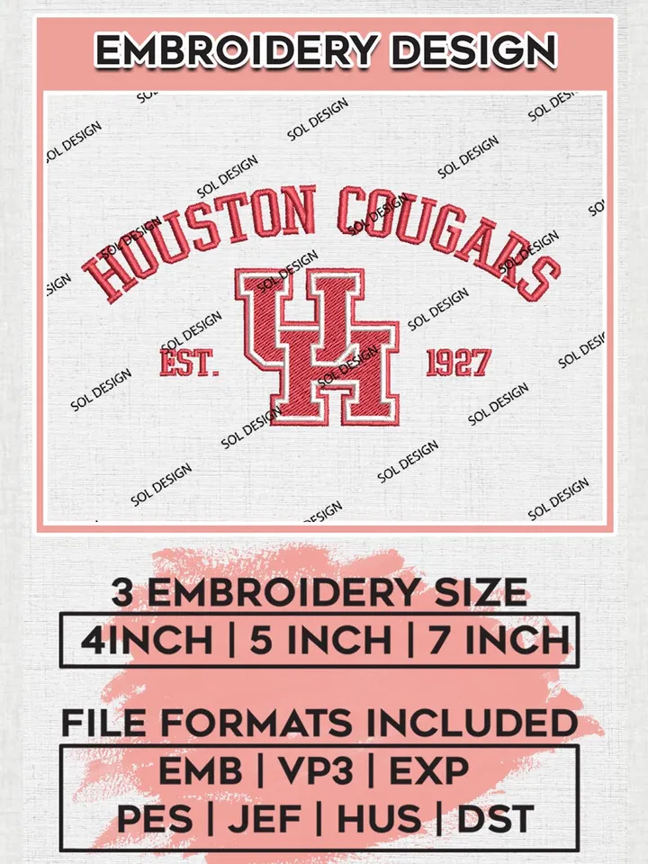 Houston Cougars Est 1927 Logo Embroidery Designs, NCAA Houston Cougars Team Embroidery, NCAA Team Logo, 3 sizes, Machine embroidery Files, Digital Download