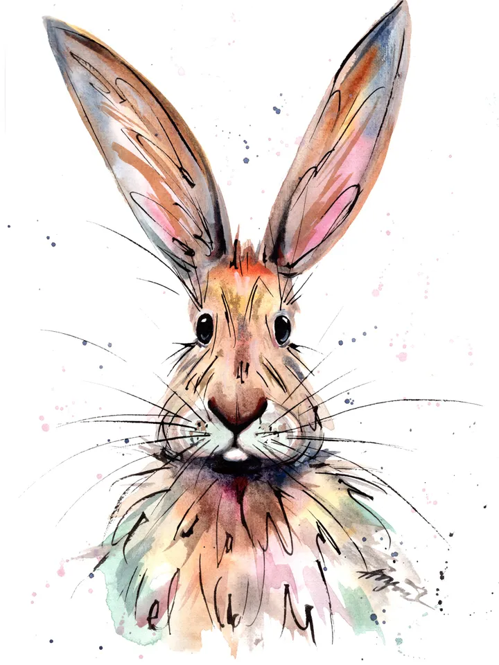 Original watercolor hare, animal painting, room decor, animals lover gift, 8x11 in bunny art with splashes and streaks of watercolor by Anne Gorywine