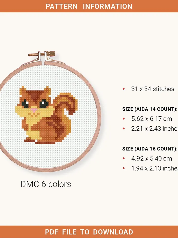 Chipmunk cross stitch pattern PDF, contemporary Nature, Tiny Chipmunk, beginner counted, modern chart, DIY, Small embroidery, instant PDF