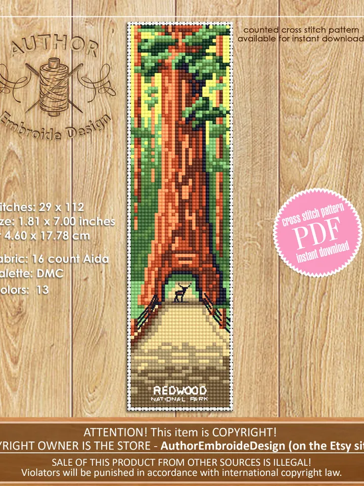 Redwood National park bookmark cross stitch pattern PDF download Nature cross stitch, Bookmark pattern PDF, Sequoia, Road trip Forest #B178