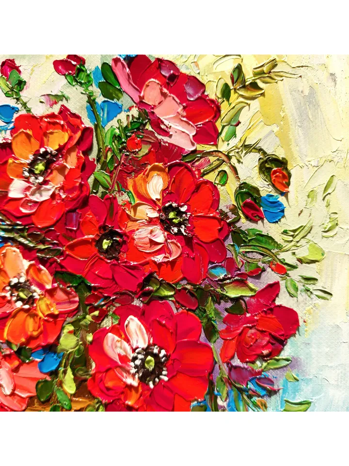 Original Oil Painting Poppies Bright Bouquet of Flowers 8" by 8" (20х20sm ) by OilPaintingNatali