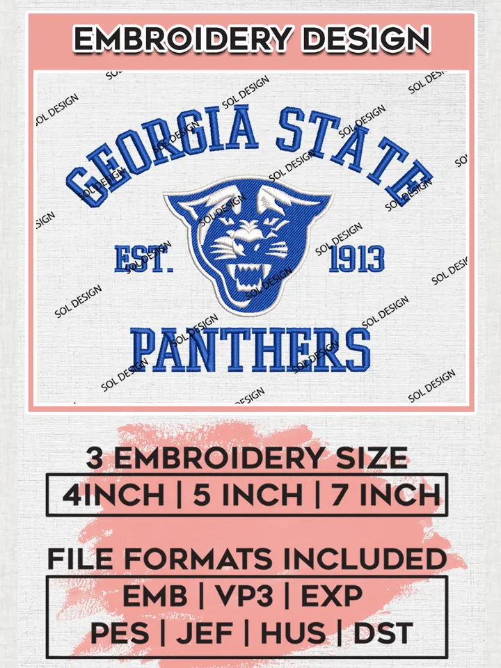 Georgia State Panthers Est 1913 Logo Embroidery Designs, NCAA Georgia State Panthers Team Embroidery, NCAA Team Logo, 3 sizes, Machine embroidery Files, Digital Download