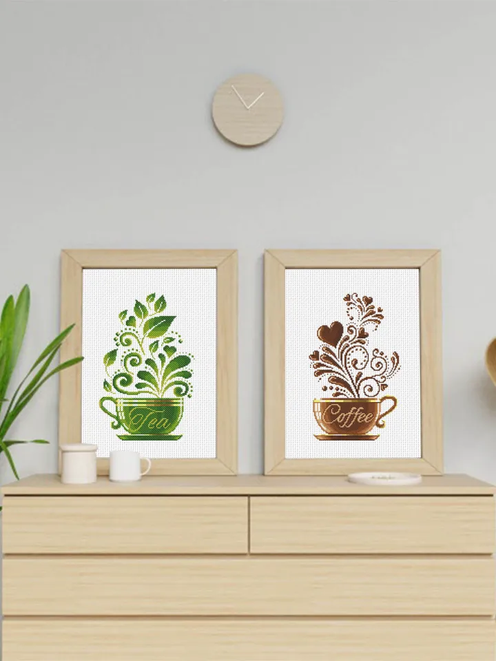 Coffee tea set cross stitch pattern download PDF Modern sampler coffee embroidery beginners Easy cute cross stitch kitchen decoration #S61