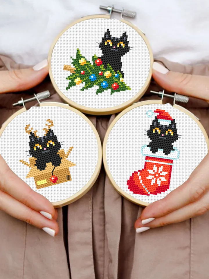Set Christmas cats cross stitch pattern download PDF, Cute black cat embroidery PDF, Christmas small cross stitch, Funny home cat decor #N79