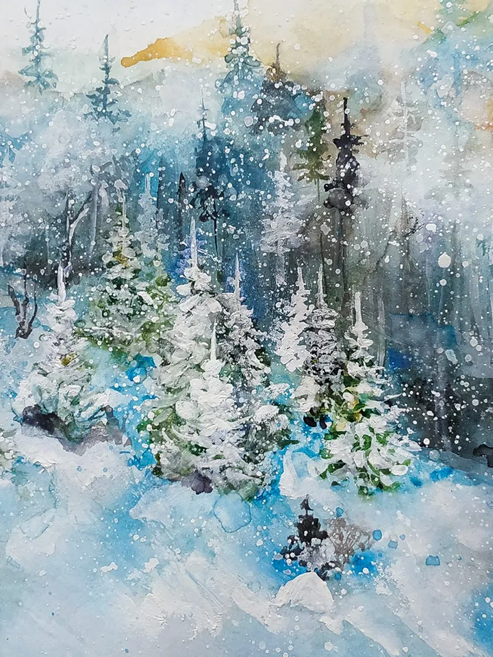 Watercolor painting Snowy Mountains