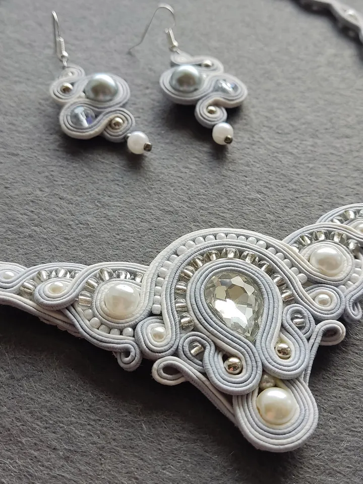 Bridal jewelry set, White necklace and earrings, Soutache embroidery, Rhinestone beaded necklace