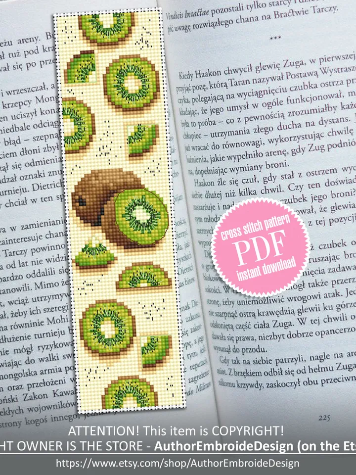 Bookmark kiwi fruit cross stitch pattern PDF download Summertime bookmark for kids, Handmade bookmark cross stitch Kiwi embroidery PDF #B142