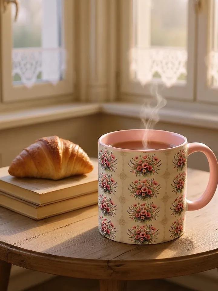 French Cottagecore Floral Mug | Embroidered Flower Aesthetic | Vintage Chateaucore Mug | Soft Pastel Country Style Gift | Cozy Farmhouse Mug