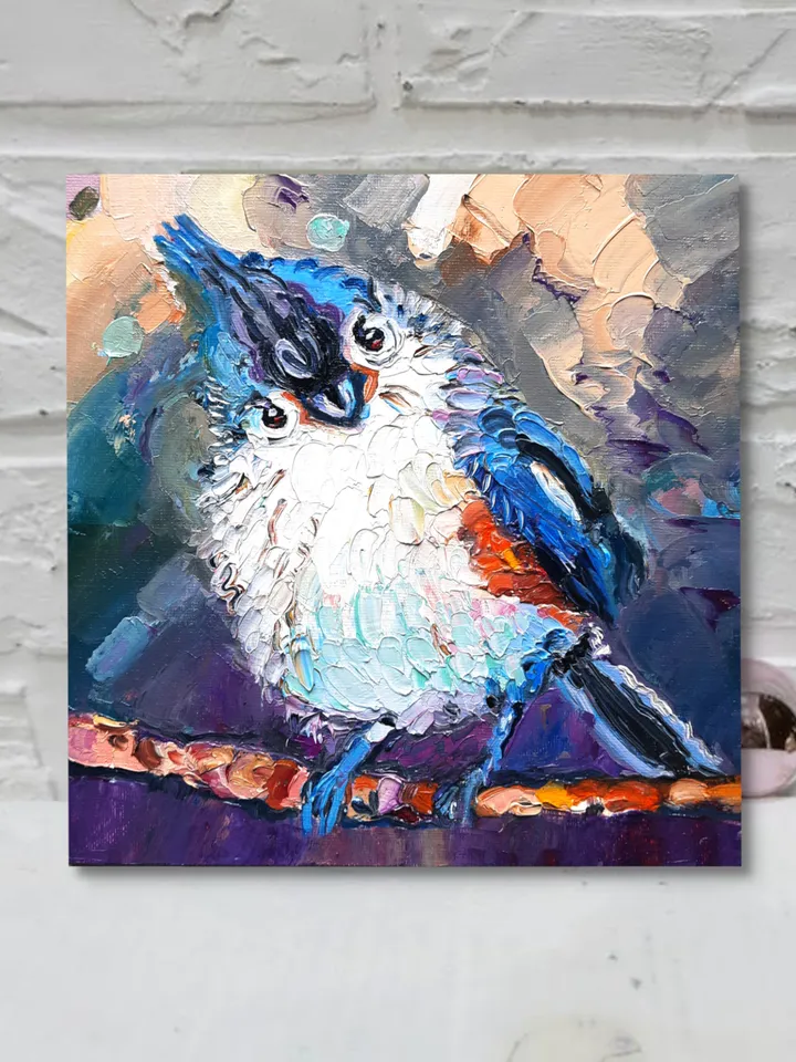 Bird Gray Original Oil Art Impasto Oil painting 8*8icn