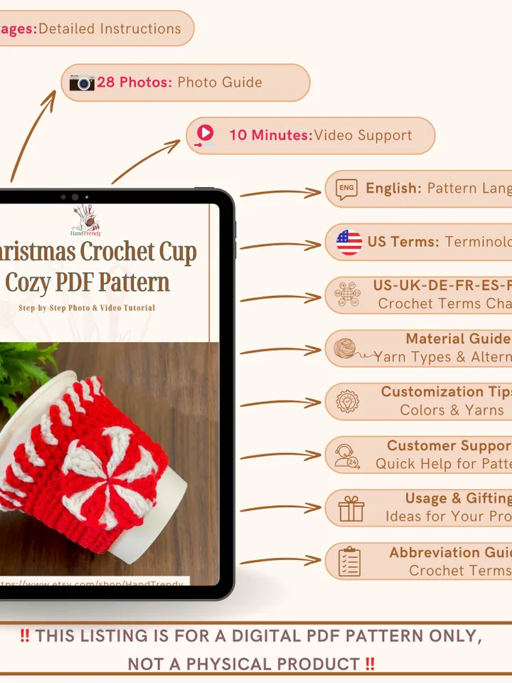 Christmas Crochet Cup Cozy PDF Pattern, Peppermint Coffee Sleeve Tutorial, DIY Cup Cover, Handmade Holiday Crochet Pattern