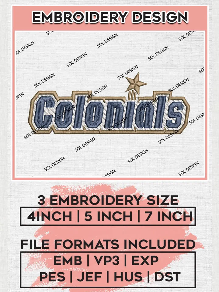 NCAA Colonials Team Writing Logo Embroidery Design Files, NCAA George Washington Colonials Machine Embroidery, NCAA Teams, 3 sizes, NCAA Machine embroidery designs, Digital Download