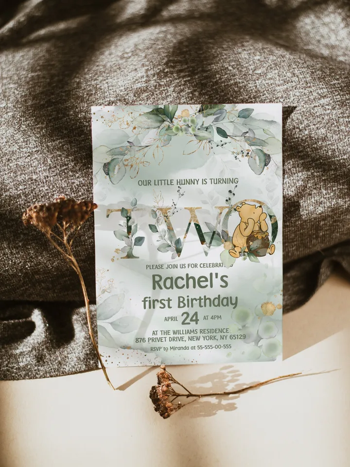 Classic Winnie Pooh Baby Birthday Invitation; Winnie Pooh Baby Birthday ; Greenery Baby Birthday; Honey Bear Birthday; Winnie Pooh wp