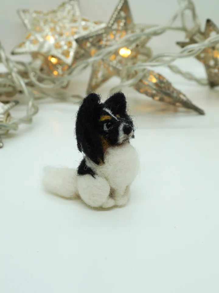 Tiny needle felted papillon , miniature felted pet, dog portrait, made to order