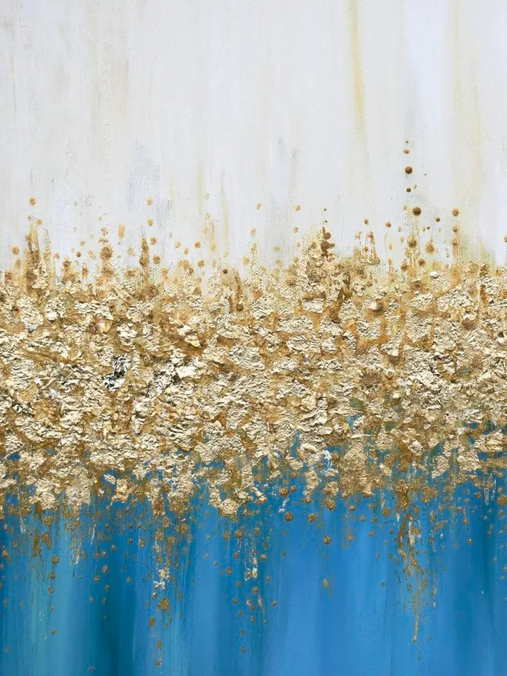 Gold and Blue Turquoise Abstract Wall Art Gold leaf Painting on Canvas | Modern Abstract painting Above bed decor
