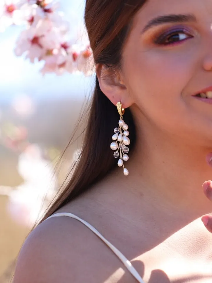 Boho Wedding Earrings, Pearl Statement Wedding Earrings, Swarovski Crystal Bridal Earrings, Statement Wedding Jewelry Set, Gold Jewellery