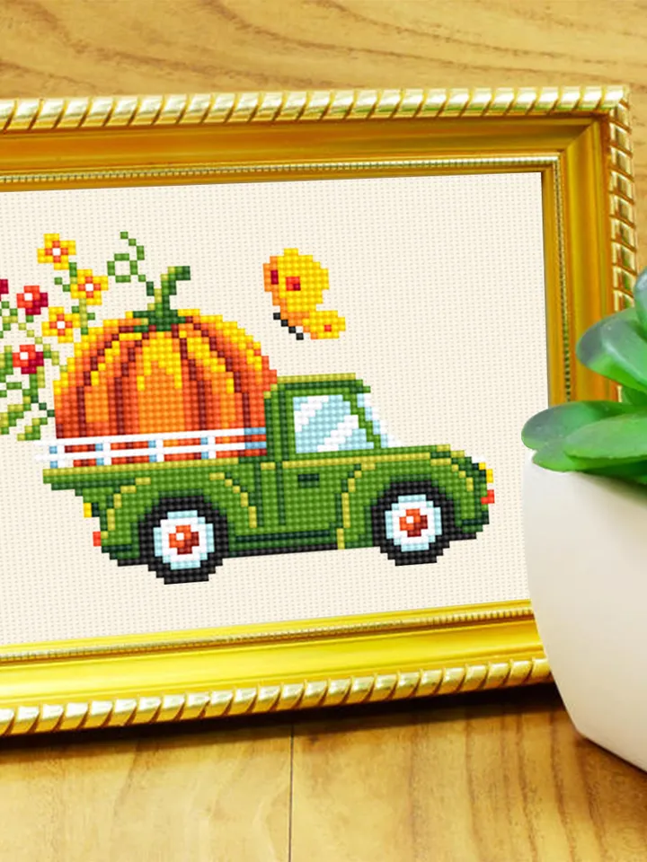 Fall truck with pumpkin cross stitch pattern PDF download Farmhouse truck cross stitch chart, Small pumpkin pattern PDF, Thanksgiving #H60