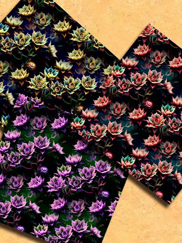 Fantastic Flowers Seamless Pattern for Printing and Crafting. Set of 12 Designs - 12x12 Inches. Fantastic Flowers.