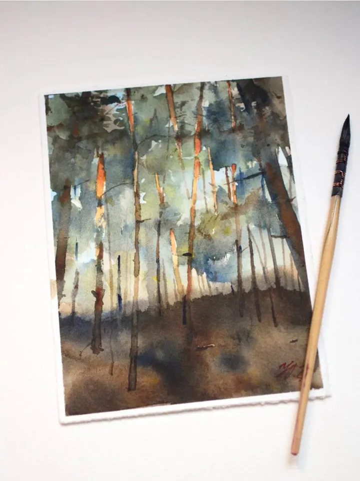 Pine forest small art Original watercolor painting by Yulia Evsyukova