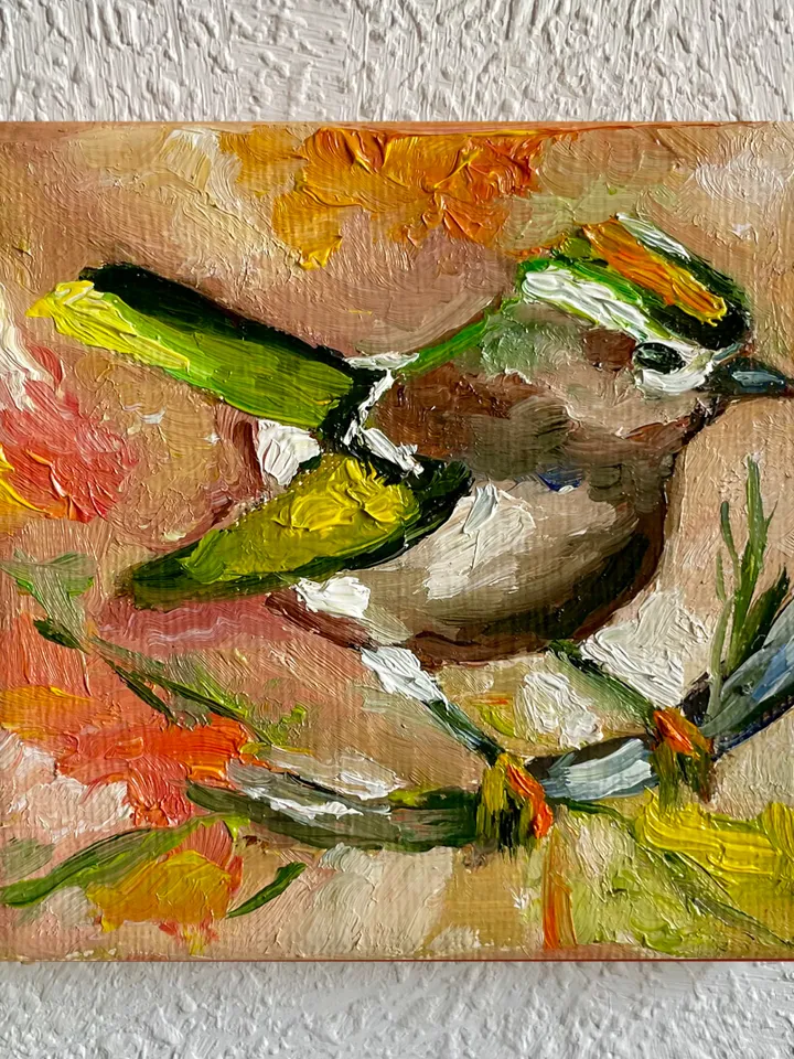 Tiny bird oil painting, Goldcrest painting, Original oil Painting on Canvas, Wildlife Art, Miniature Artwork 4"x 4"